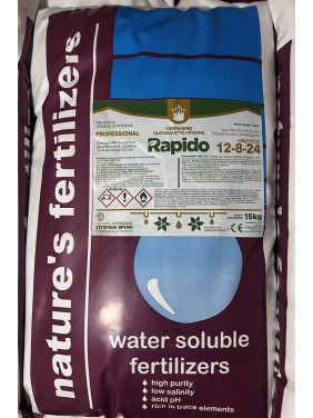 Rapido 12-8-24+6CaO+2MgO Λίπασμα με άζωτο-φώσφορο-κάλιο-ασβέστιο-μαγνήσιο (15kg) Rapido 12-8-24+6CaO+2MgO Λίπασμα με άζωτο-φώσφορο-κάλιο-ασβέστιο-μαγνήσιο (15kg)